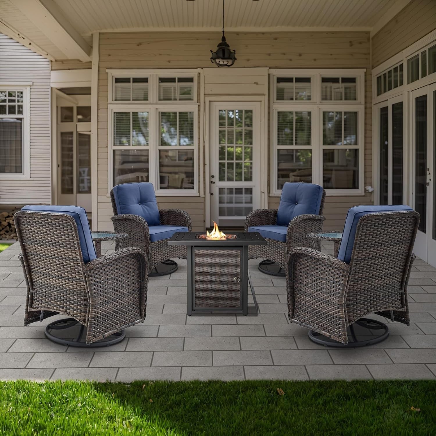 7 Piece Patio Set With Fire Pit Table And Swivel Rocker Chairs-1