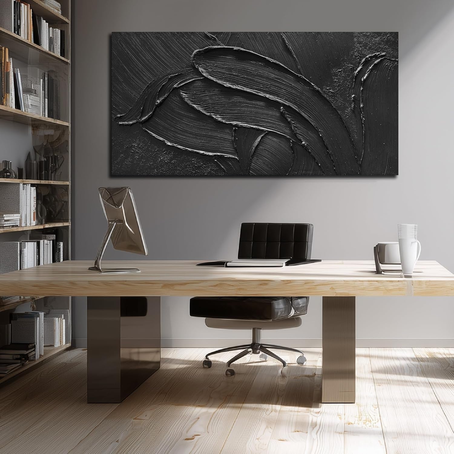 Black Abstract Wall Art Textured Large 29x58 Inches-4