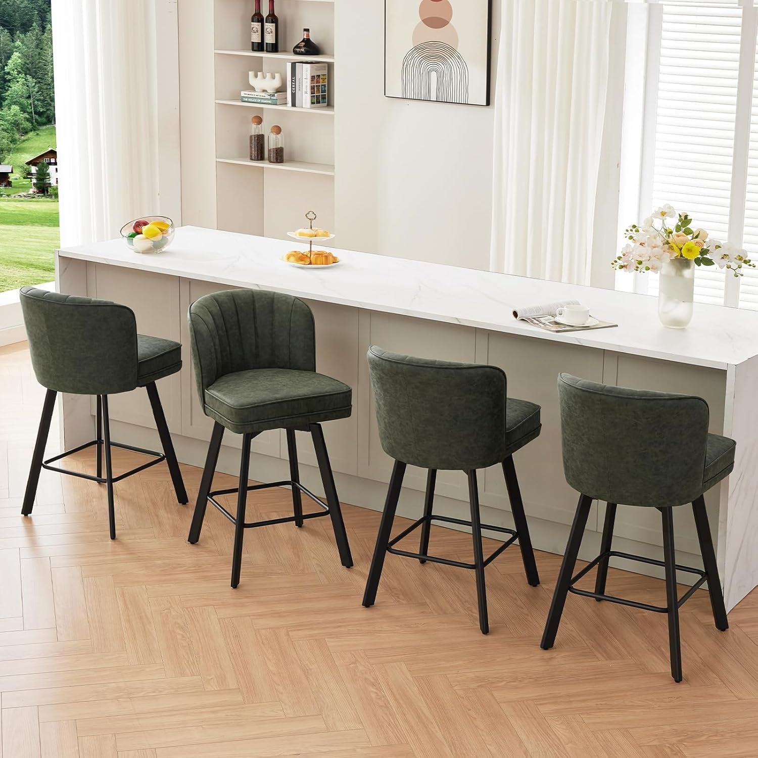 Swivel Counter Height Bar Stools Set of 4, 26'' Modern Barstools with Backs and Metal Legs, Upholstered Bar Chairs, Faux Leather Green Stools for Kitchen Island Chairs-0