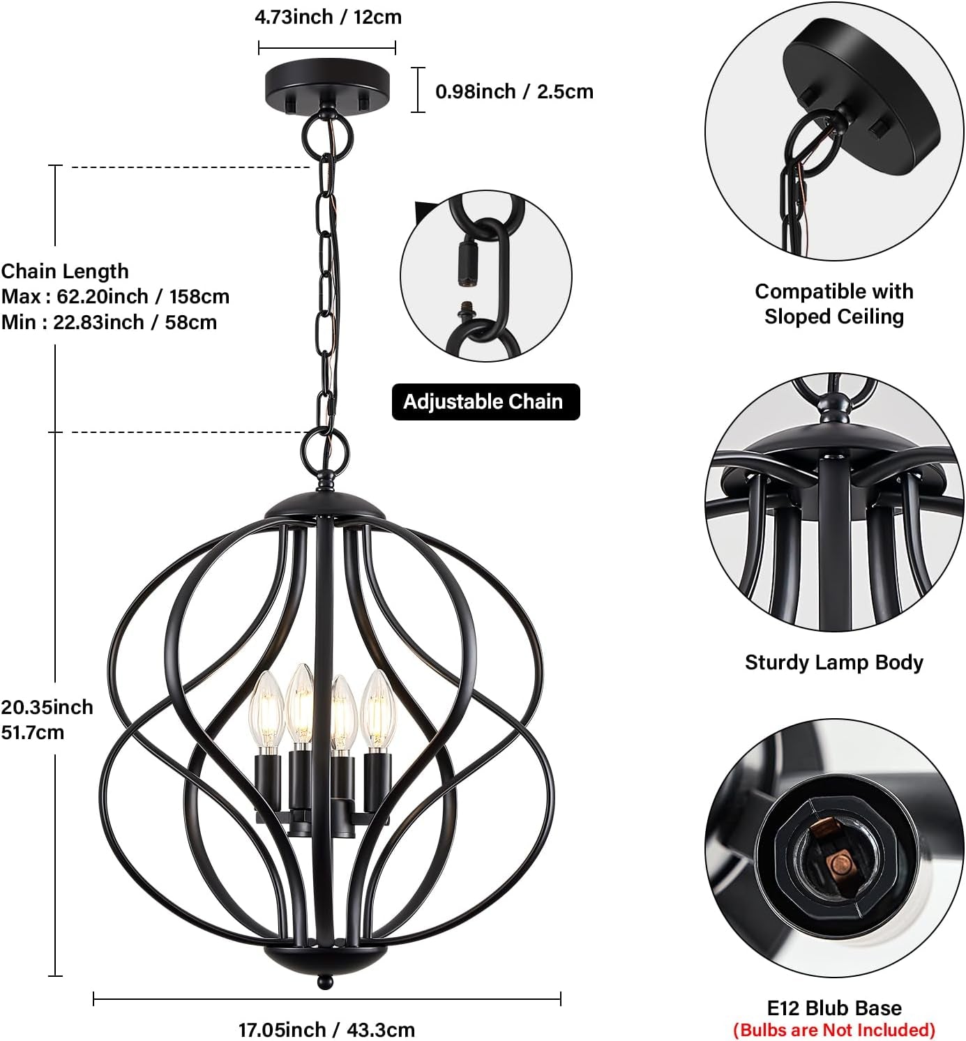 Black Four Light Geometric Pendant Chandelier Dining Room-4