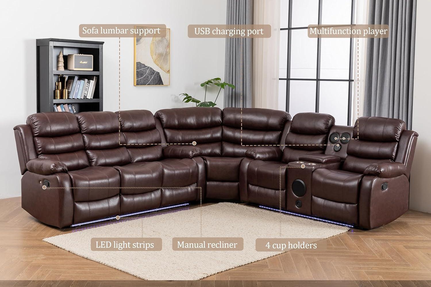 Brown PU Leather Reclining Sectional Sofa USB Chargers-1