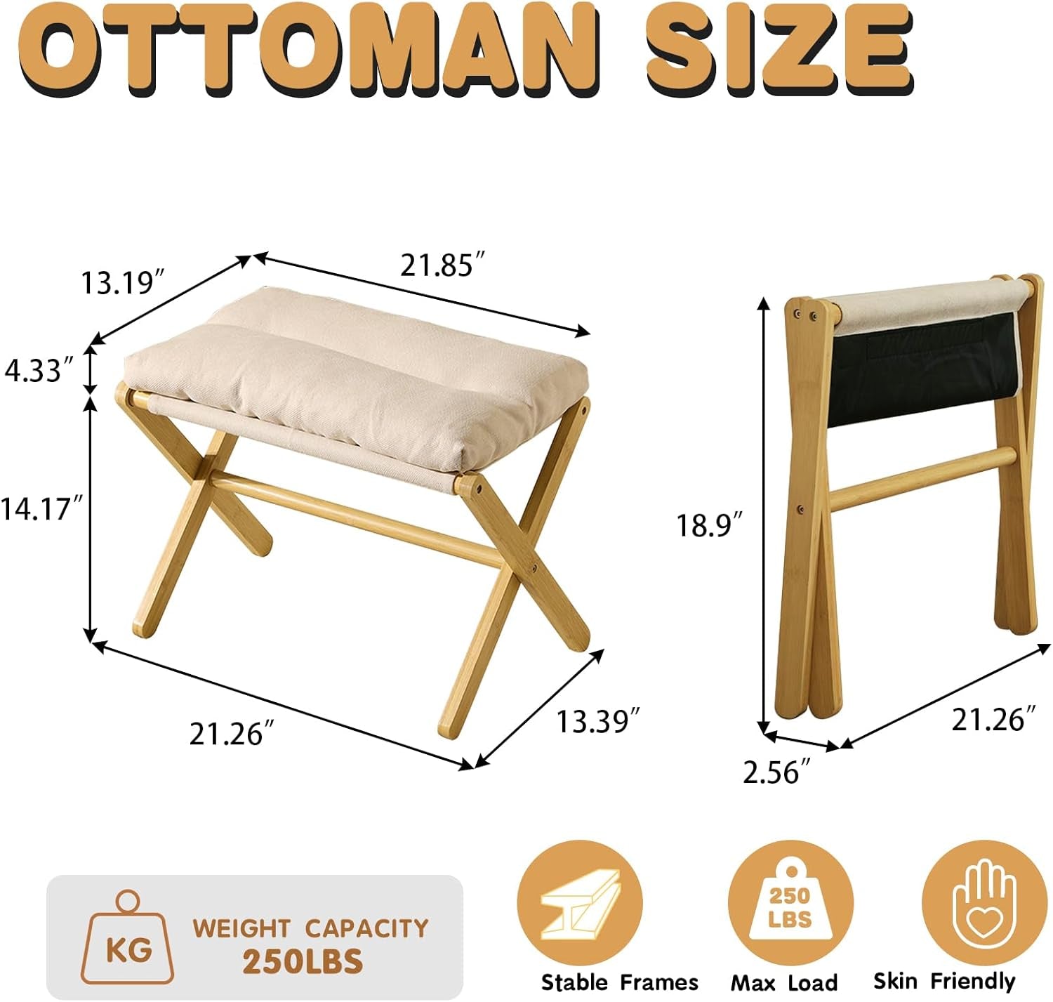 Bamboo Foldable Ottoman Foot Rest Beige Upholstered-2