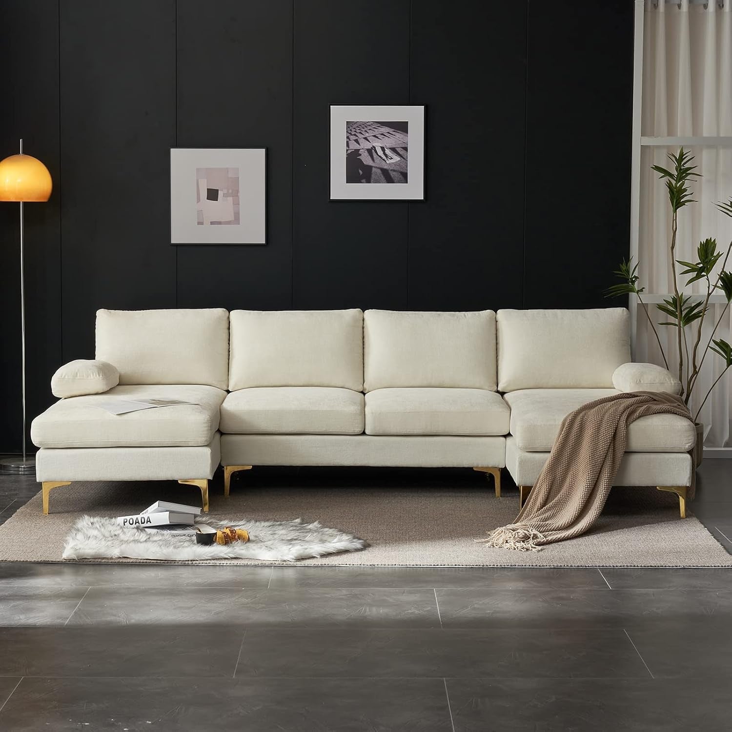 Convertible Sectional Sofa 110" U-Shape Sofa Couch 4-Seat Couch with Chaise Chenillefabric Upholstered for Living Room, Apartment, Office, Creamy White-2