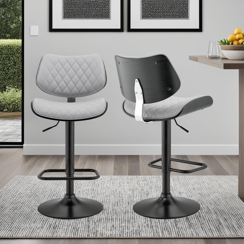 Grey Faux Leather Swivel Bar Stool With Adjustable Height-1