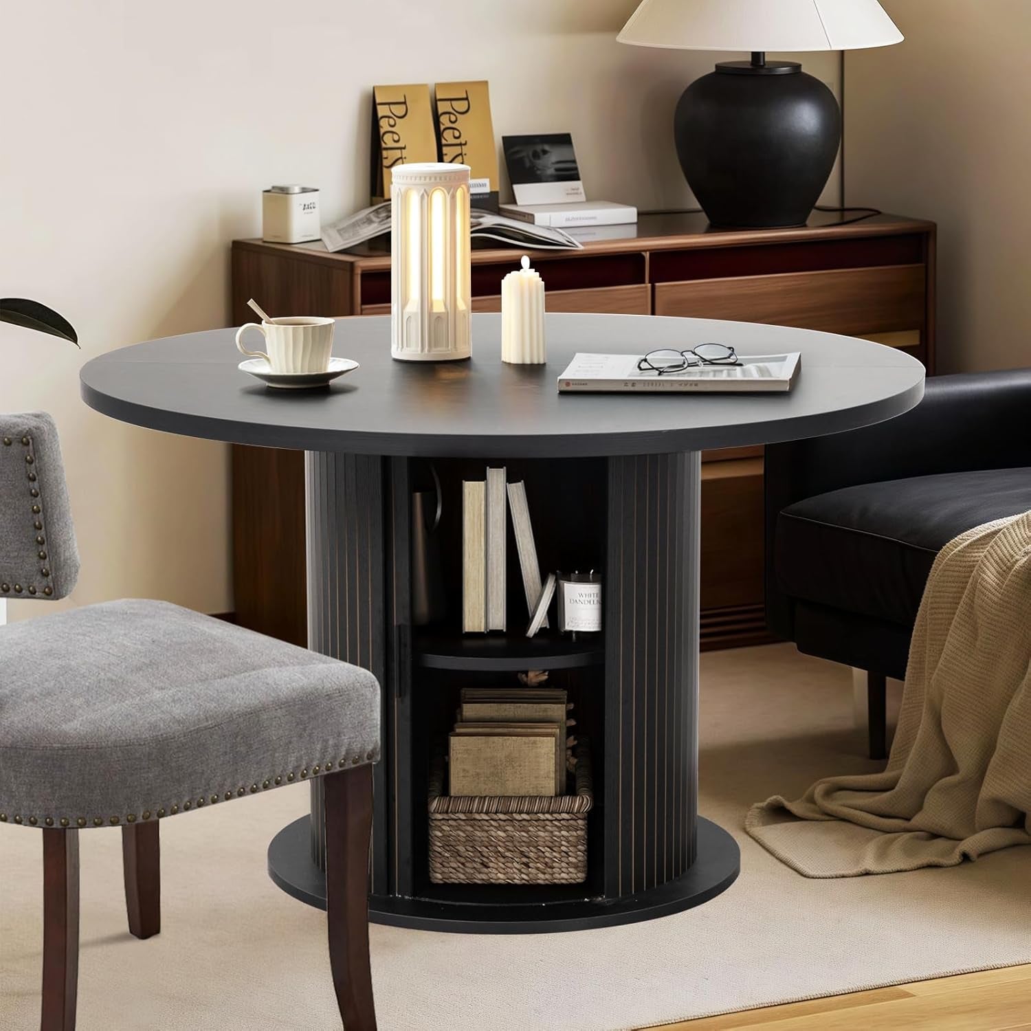 Round Dining Table Featuring Concealed Storage Black-2