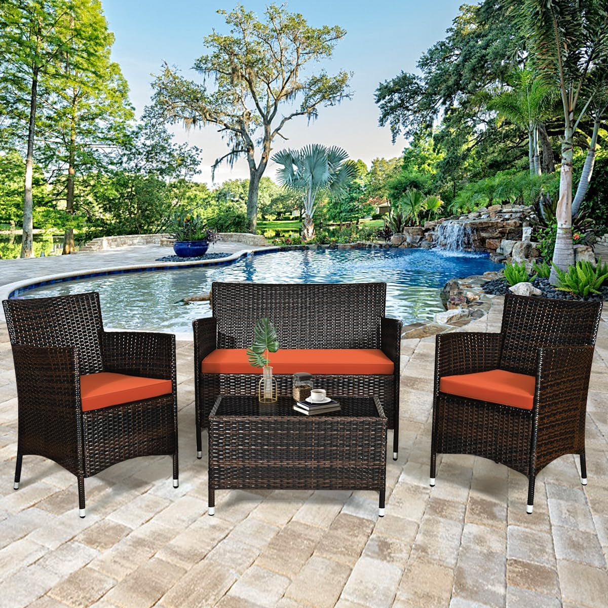 Rattan Patio Set With Cushioned Chairs And Glass Table-1