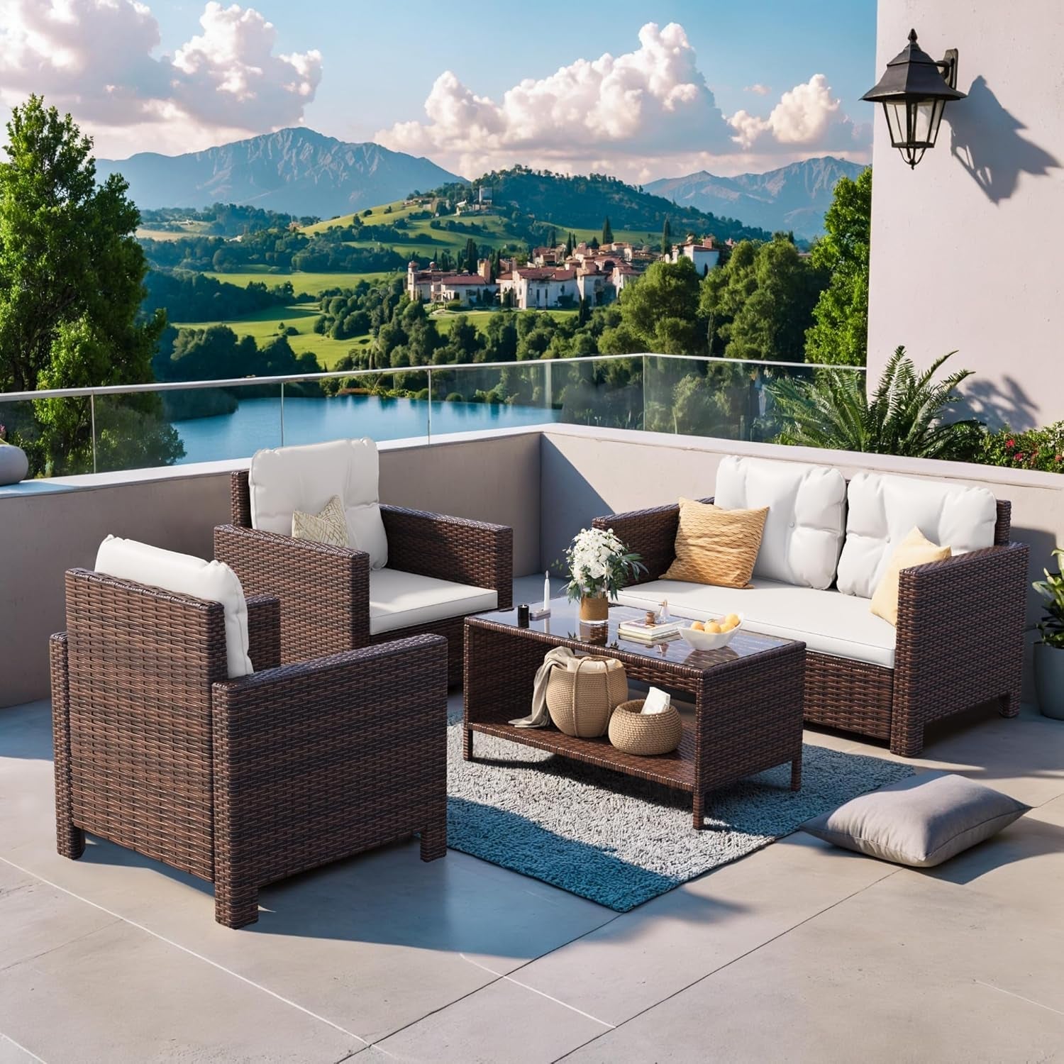 4 Piece Patio Rattan Furniture Set Beige Cushions Outdoor-1