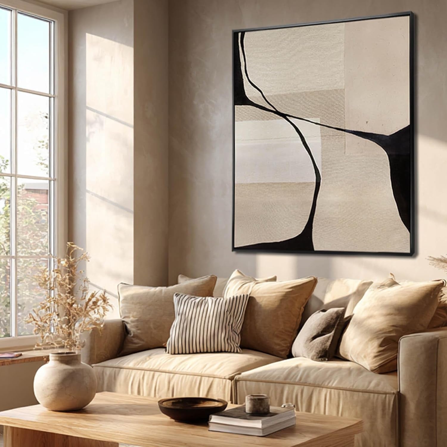 Hand Painted Abstract Black Beige Canvas Wall Art 36x48 Inch-1