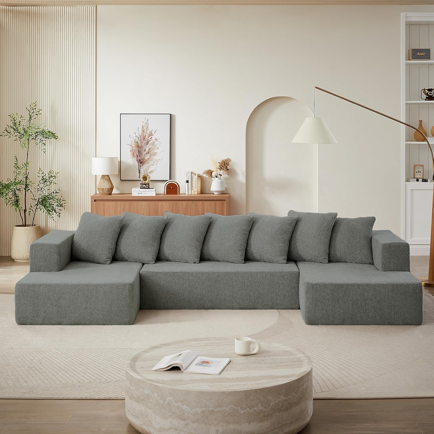 U Shaped Modular Sectional Sofa 6 Seater Grey Chenille-2