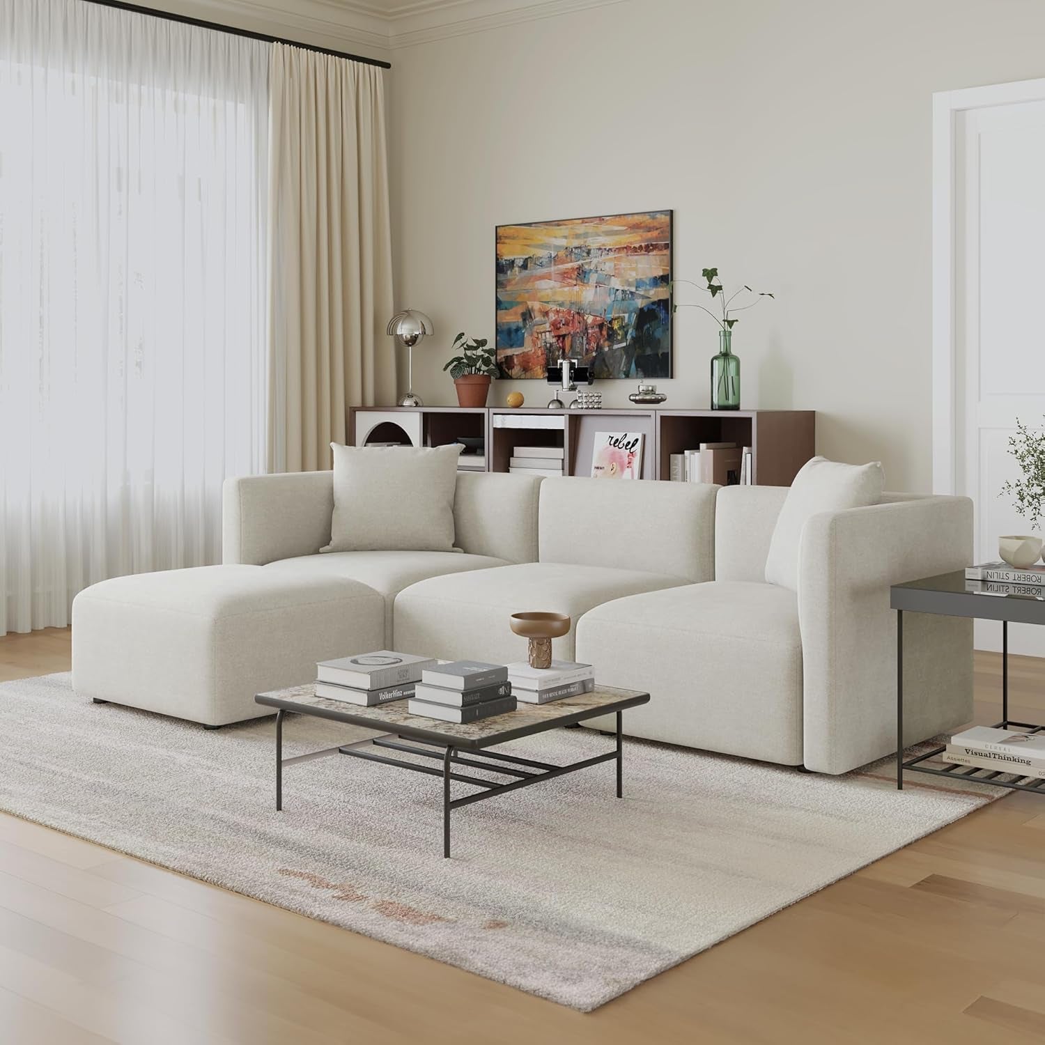 Luxury L-Shaped Upholstery Convertible Modular Sectional Sofa, Contemporary Reversible Couch with Chaise Lounge for Living Room, Apartment, Linen-Like Cream-2