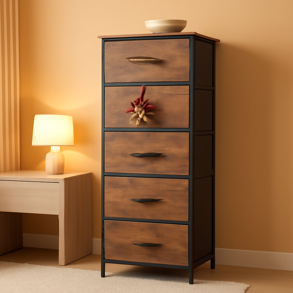 5 Drawer Tall Fabric Dresser With Wood Top And Fabric Bins-0