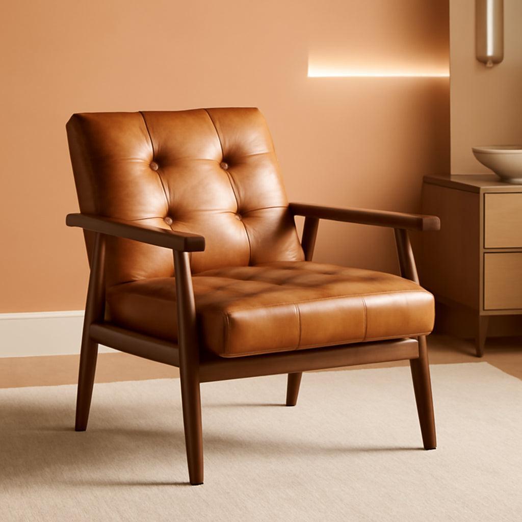 Mid Century Leather Accent Chair With Wooden Arms Brown-0