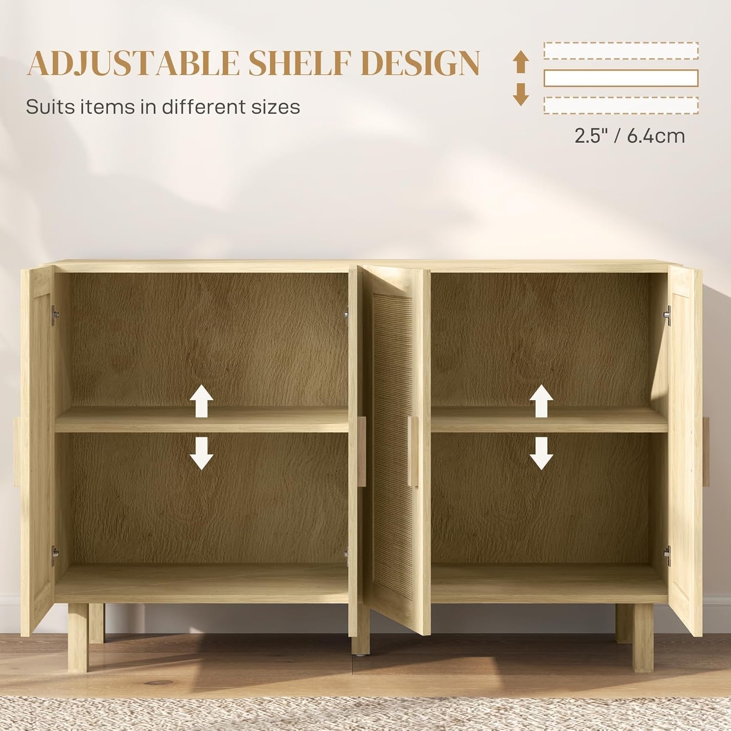 Sideboard Buffet Cabinet, Kitchen Cabinet, Coffee Bar Cabinet with 4 Rattan Doors and Adjustable Shelves, Natural-4