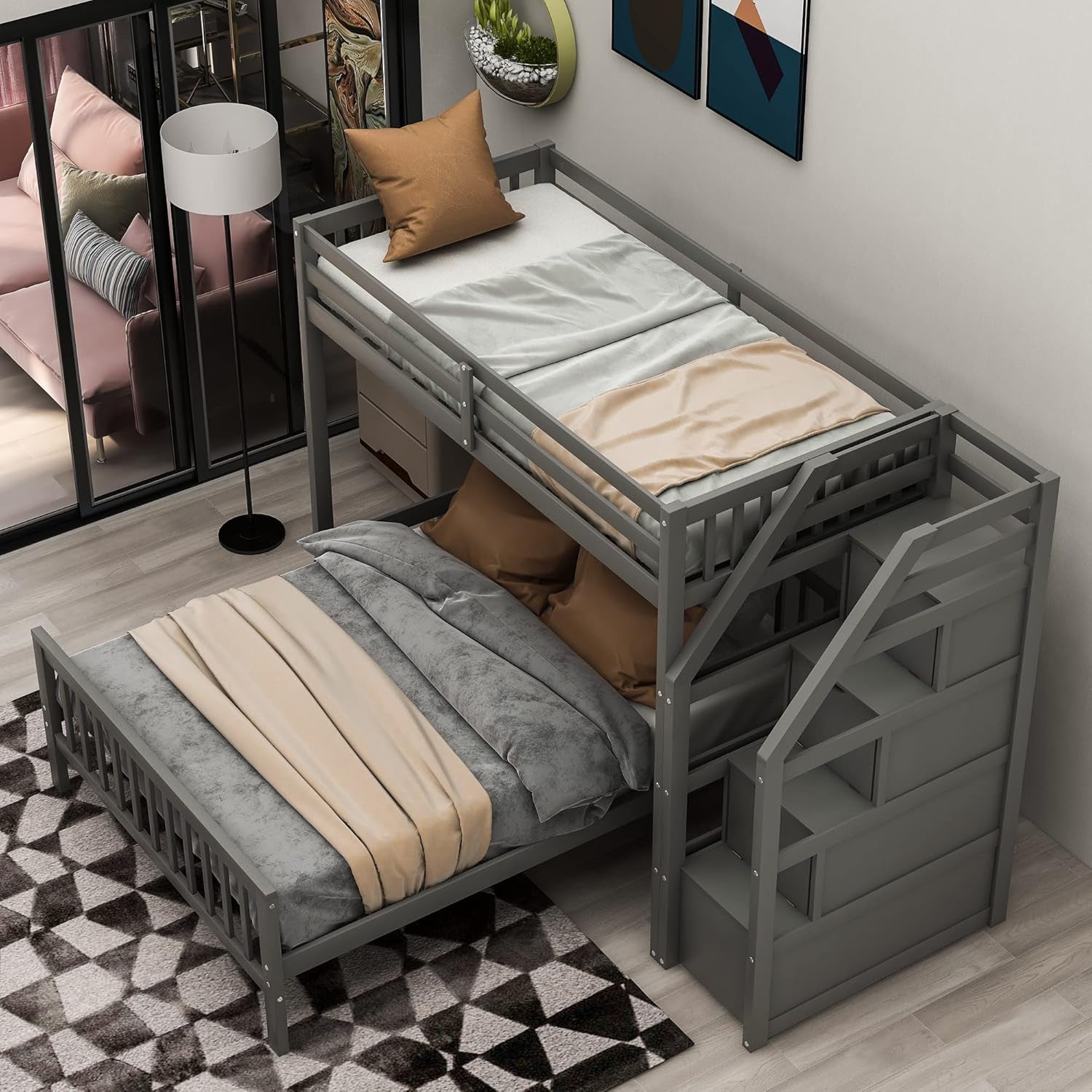 Gray Twin Over Full Bunk Bed with Stairs-1