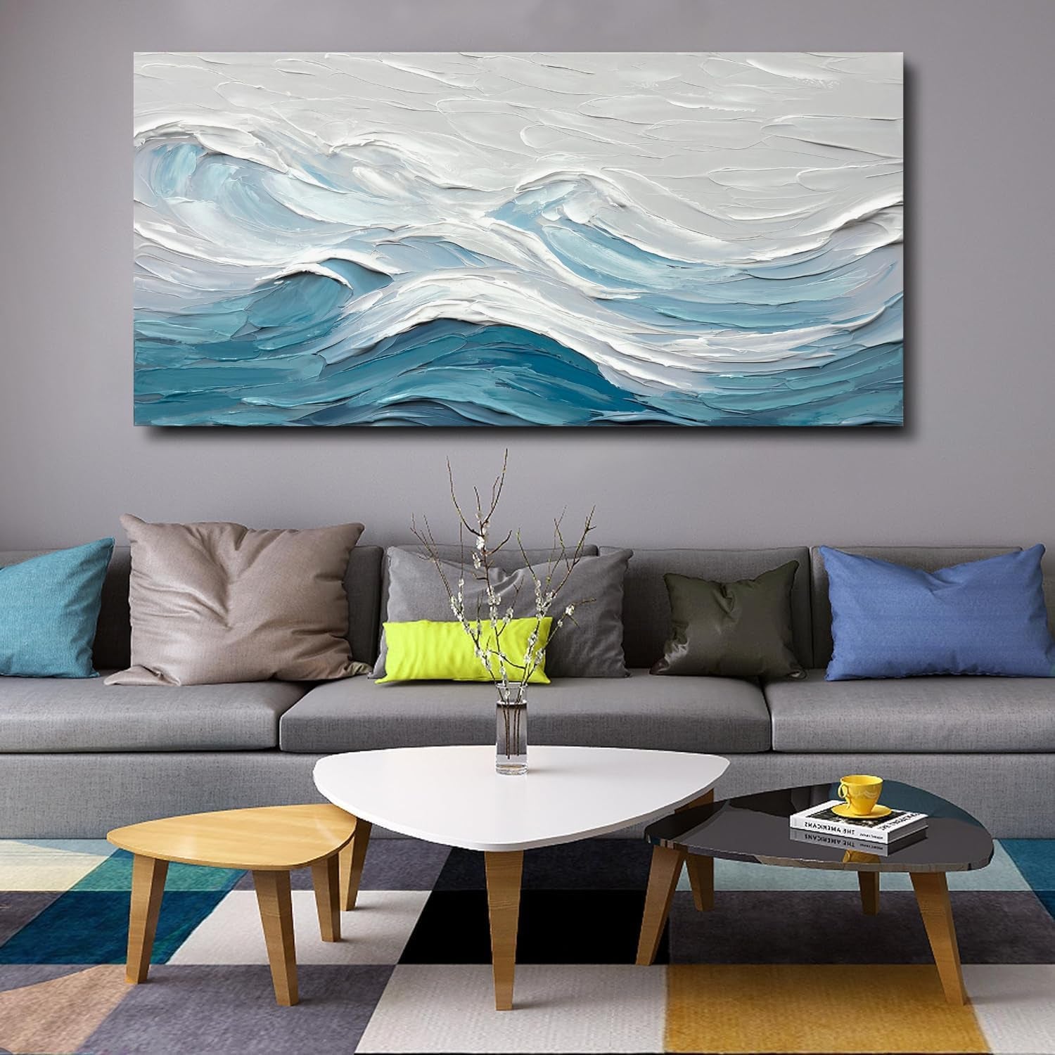 Blue White Abstract Canvas Wall Art 28x57 Inches Large-1
