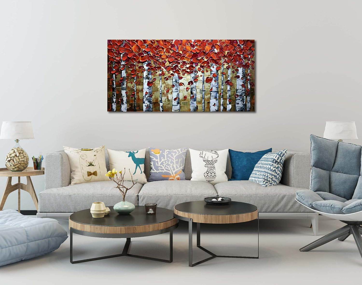 Red Birch Trees Wall Art 24x48 Inches Hand Painted Oil On Canvas-4