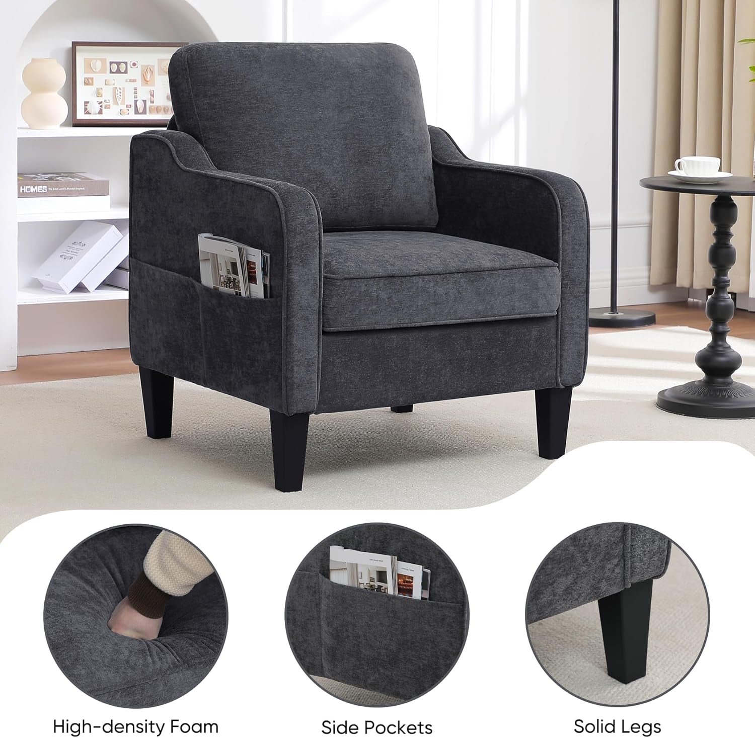 Dark Grey Mid Century Modern Upholstered Accent Chair-3