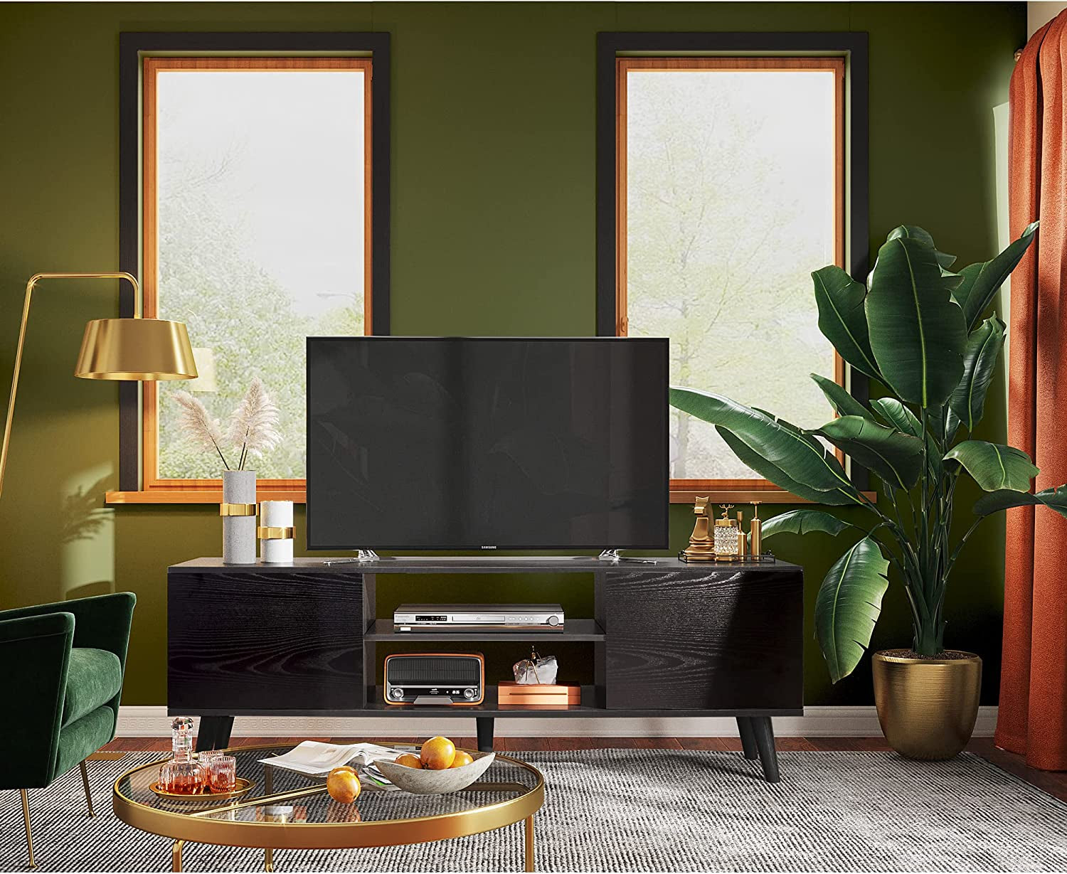 Rustic Black TV Console with Storage Cabinets-0
