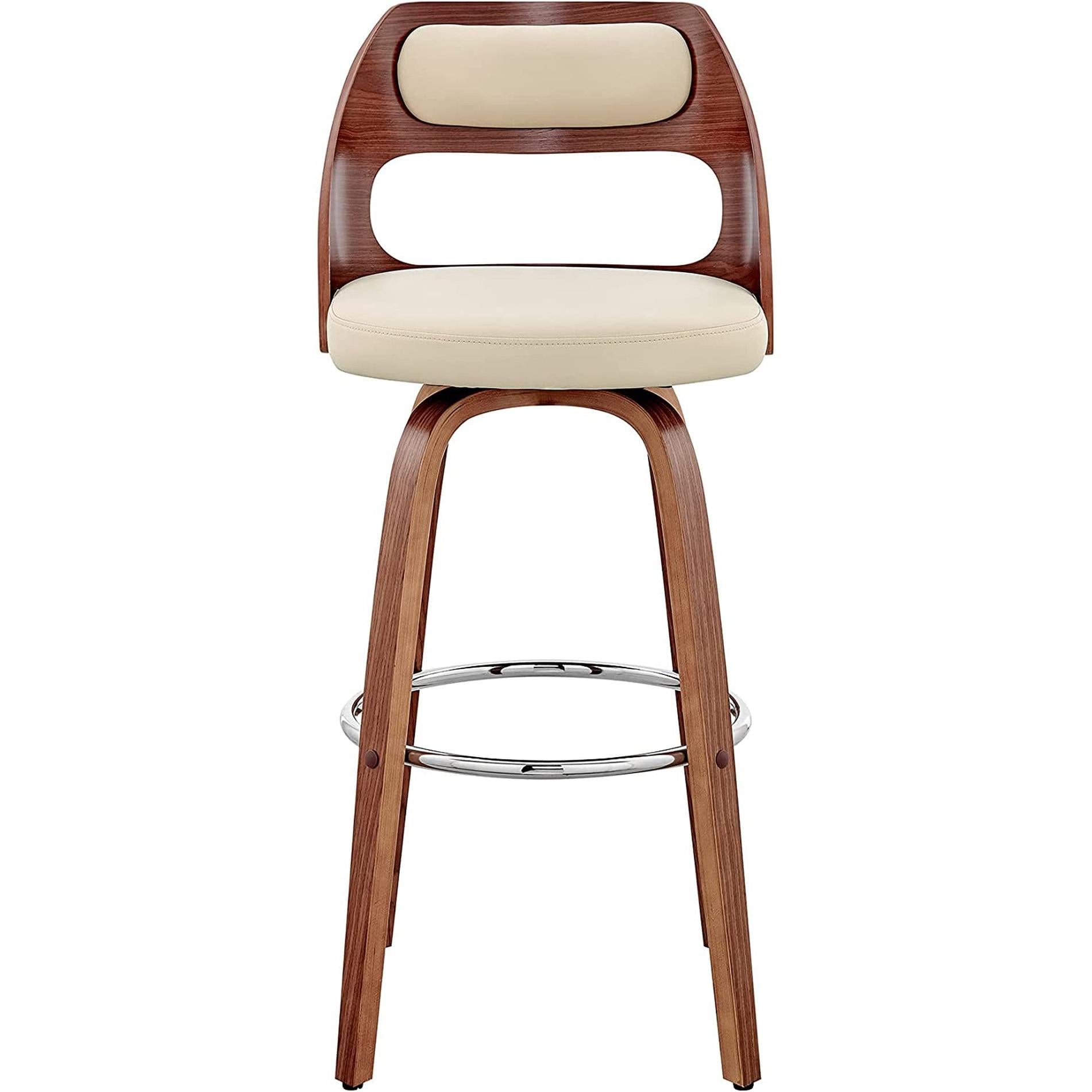 Cream Faux Leather Walnut Wood Bar Stool Swivel 360 Degree-2
