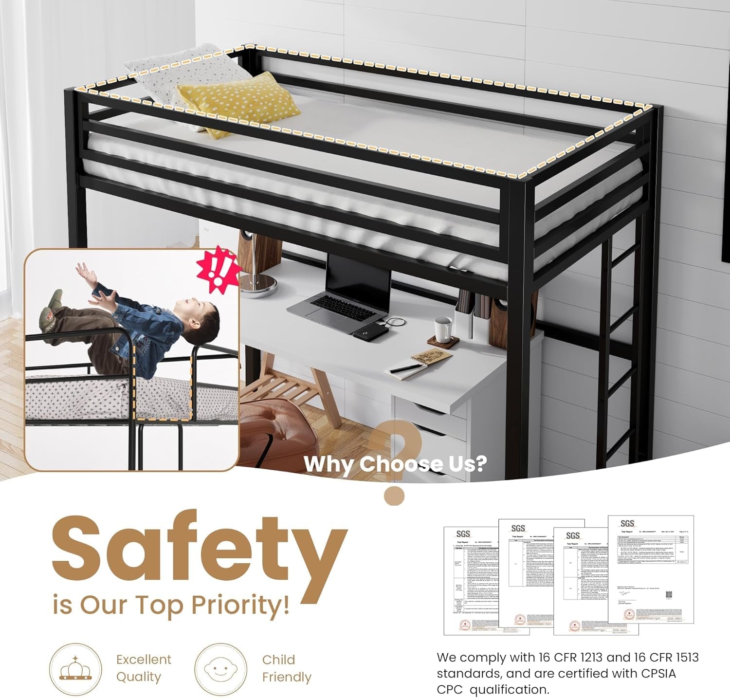 Loft Bed Twin Size with Ladder and Guardrail,Heavy Duty Metal Slats Support No Box Spring Needed Small Space Saving Furniture for Bedroom Dorm,Black-4