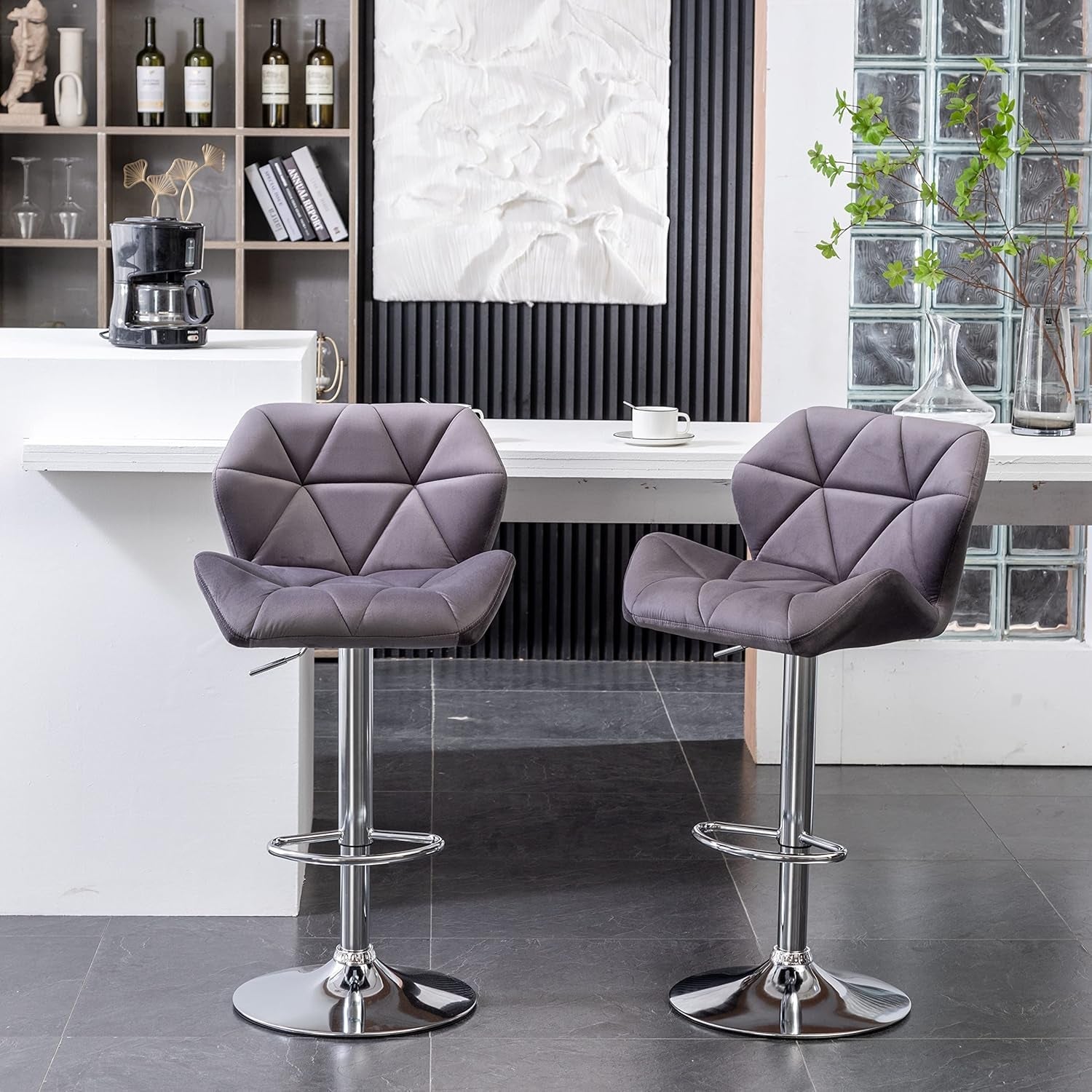Breni Velvet Diamond Tufted Swivel Adjustable Height Bar Stool Set Of 2 Gray-2