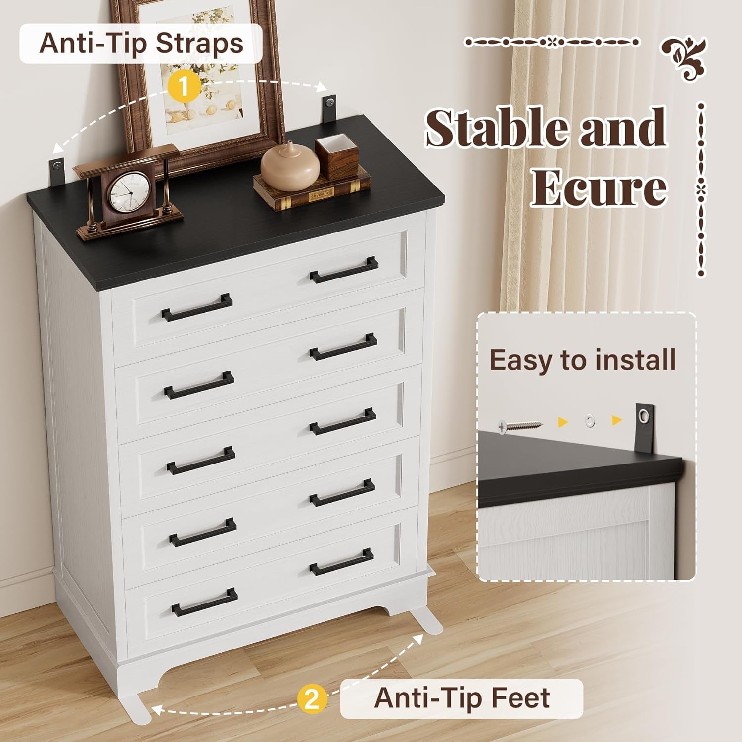 Farmhouse Dresser White Five Drawer FiftyTwo Inches-3