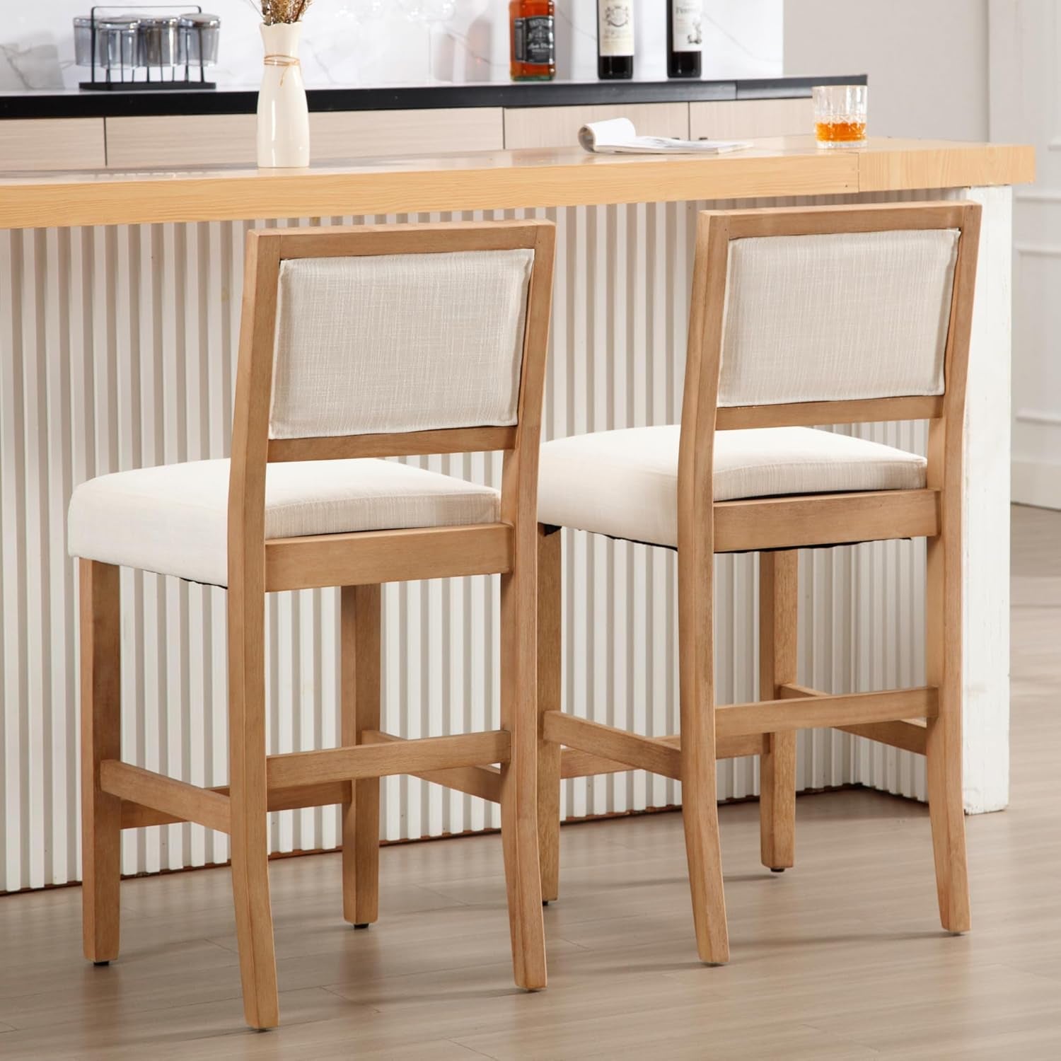 Beige Bar Stools Set Of 2 26 Inch Counter Height Backrest-2