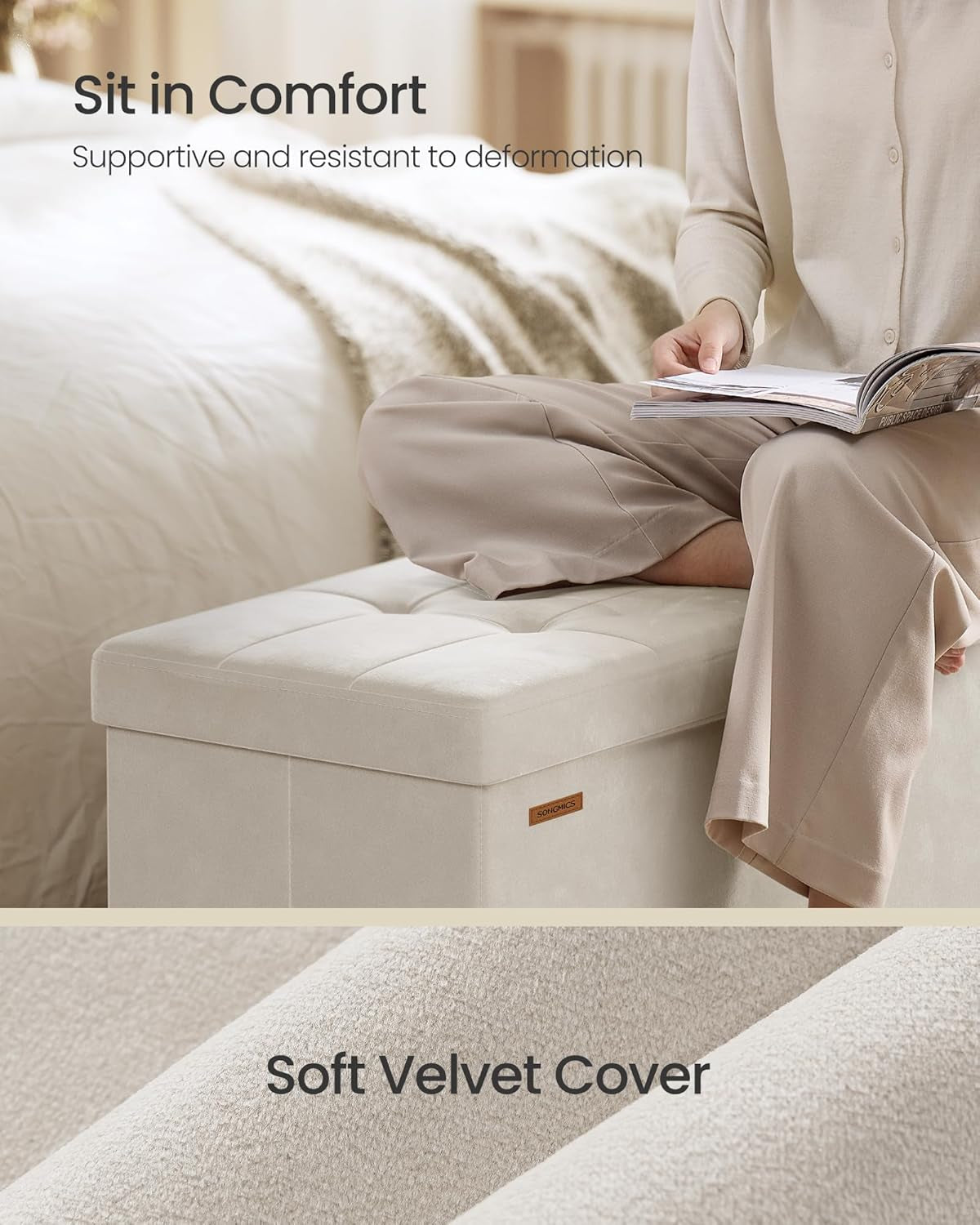 Cappuccino Beige Velvet Storage Ottoman Bench Folding-3