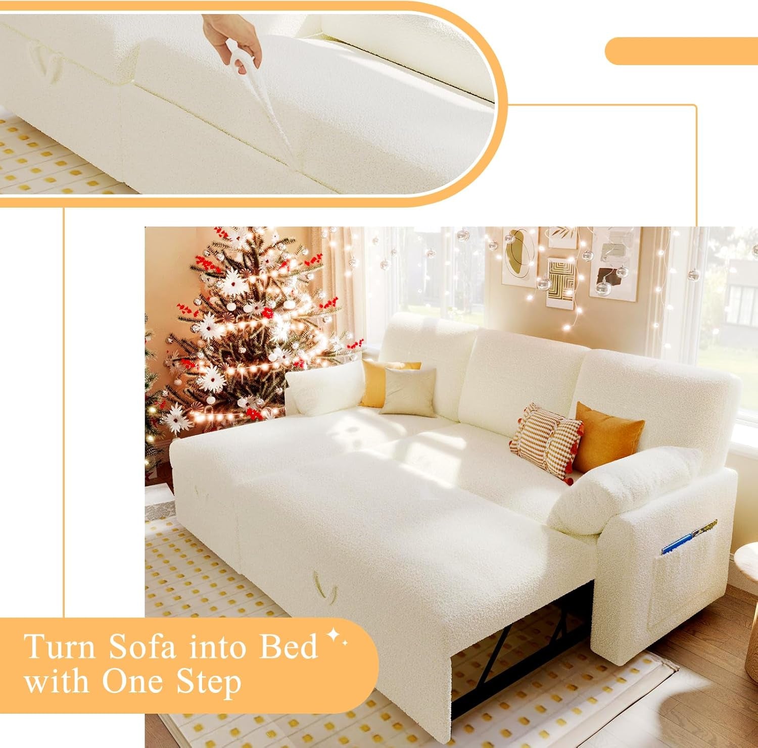 Sleeper Sofa, Sofa Bed- 2 in 1 Pull Out Couch Bed with Storage Chaise for Living Room, Sofa Sleeper with Pull Out Bed, White Boucle Couch-3