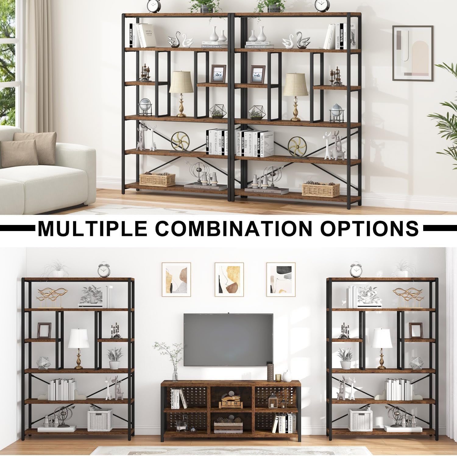 Rustic Industrial 6 Tier Brown Wood Metal Bookcase Unit-4