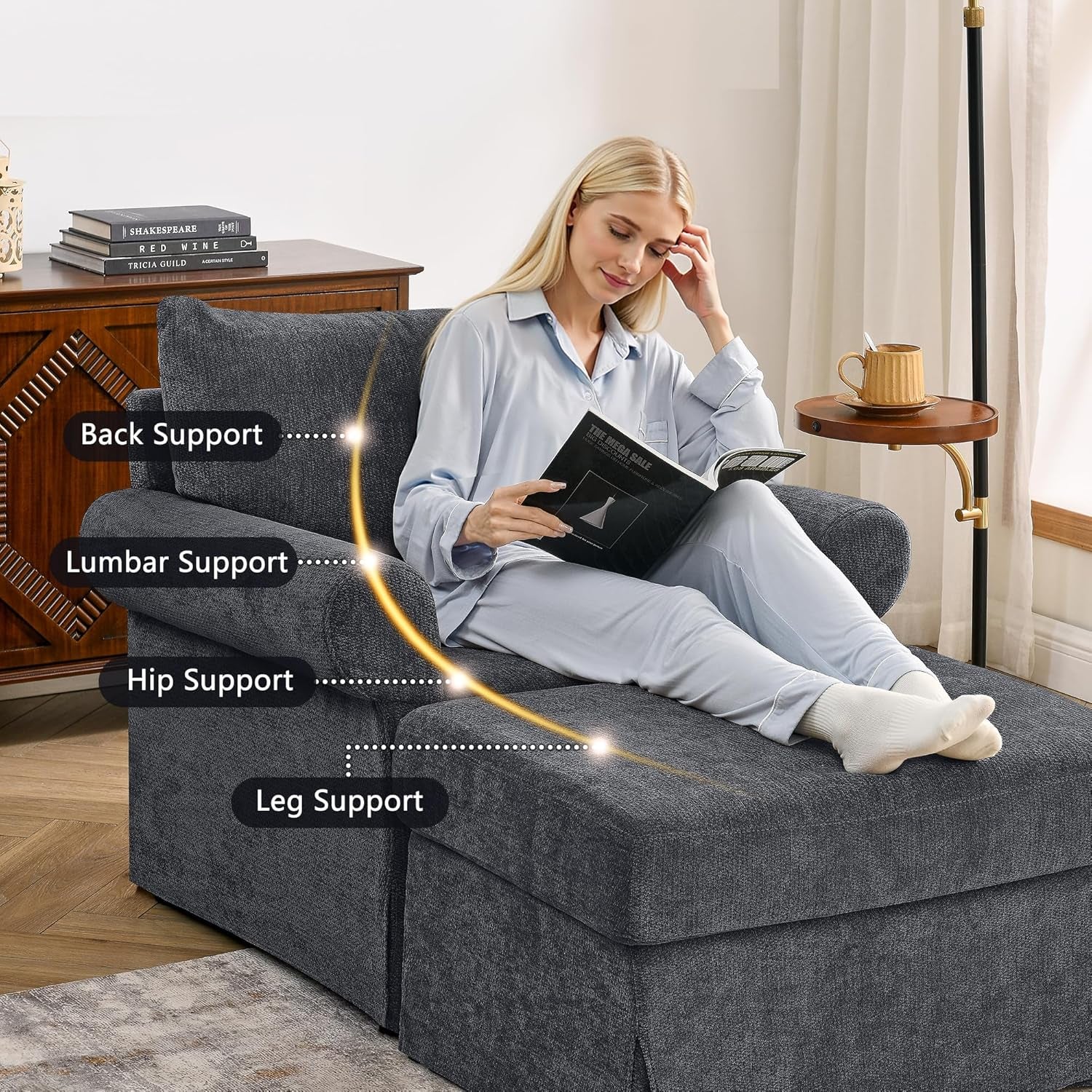 Gray 35 Inch Accent Chair With Ottoman And Chaise Lounge-4