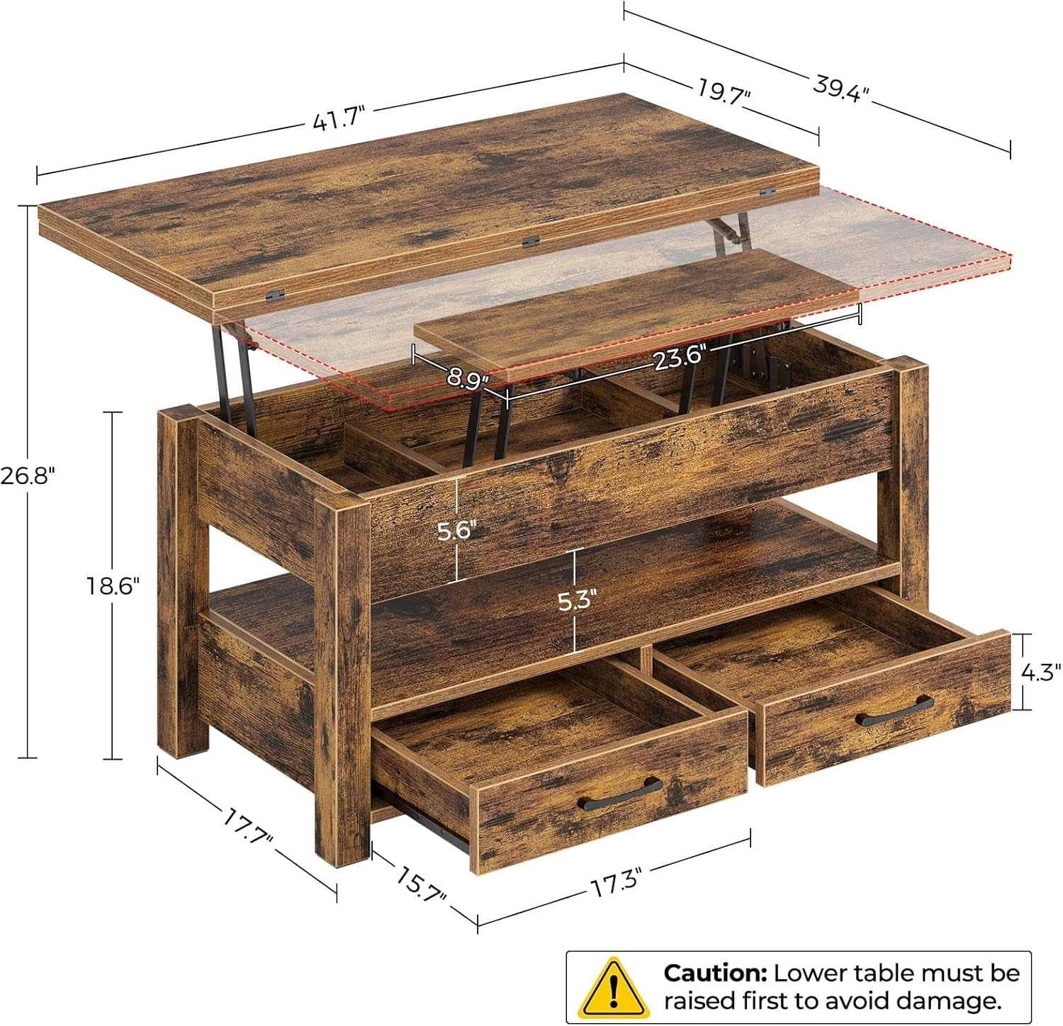 Coffee Table Lift Top, Multi-Function Convertible Coffee Table with Drawers and Hidden Compartment, Coffee Table Converts to Dining Table for Living Room, Home Office, Rustic Brown-2