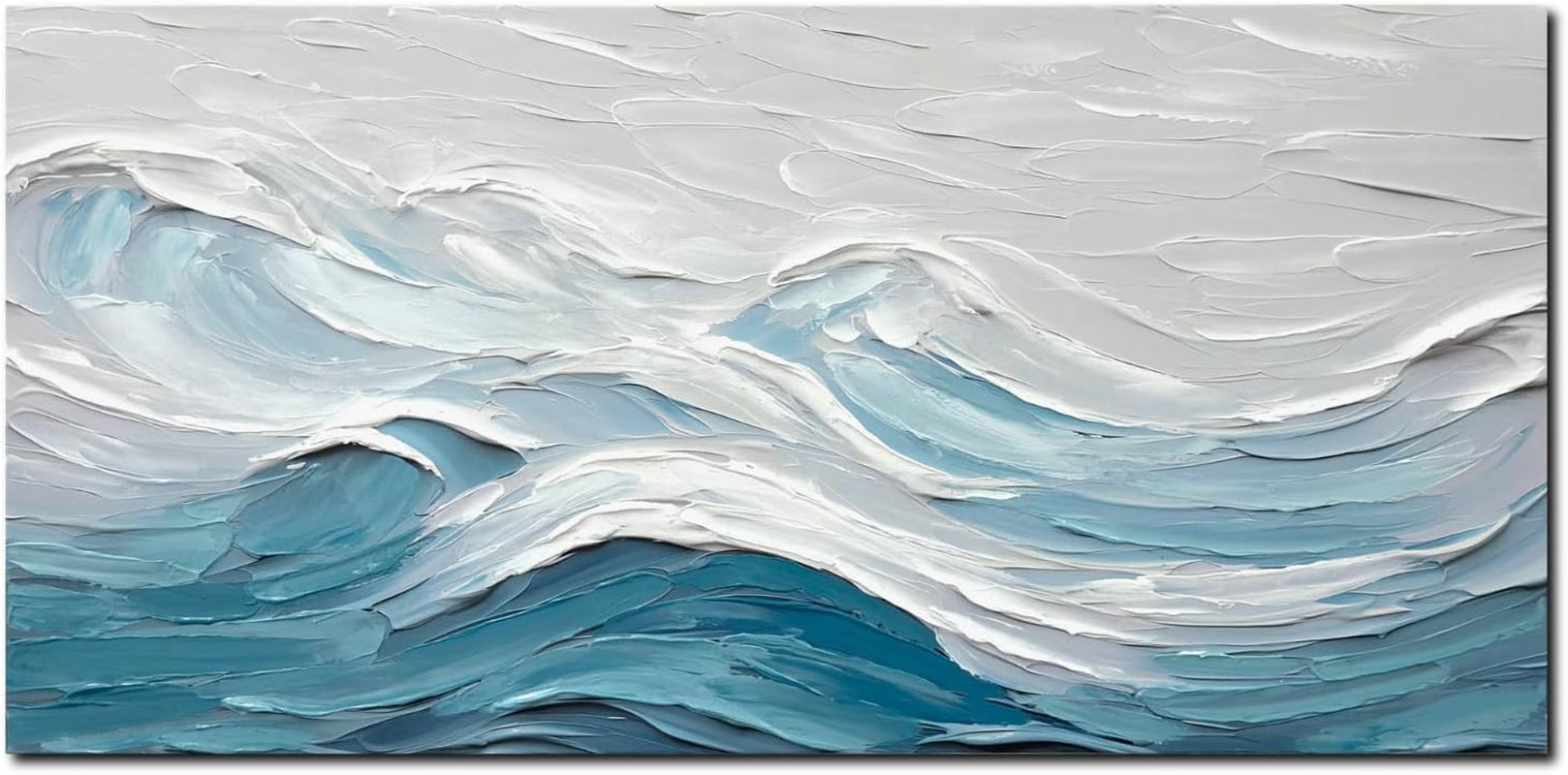 Blue White Abstract Canvas Wall Art 28x57 Inches Large-4