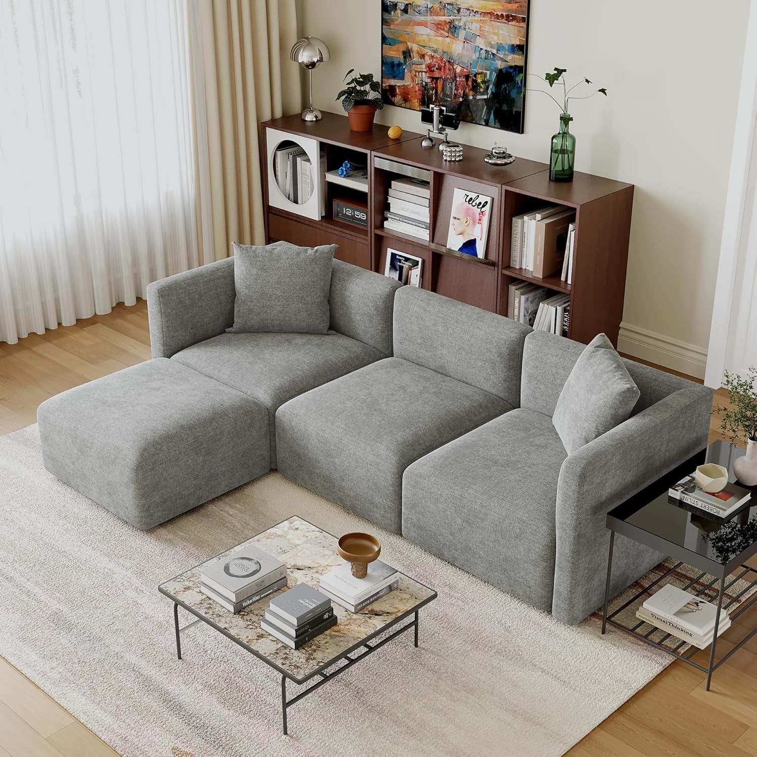 Luxury L-Shaped Upholstery Convertible Modular Sectional Sofa, Contemporary Reversible Couch with Chaise Lounge for Living Room, Apartment, Linen-Like Grey-0
