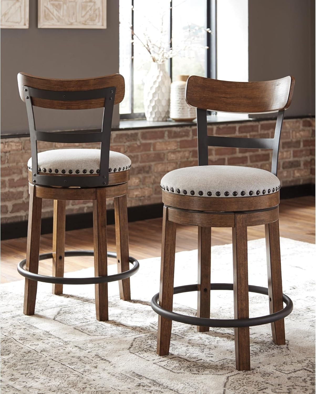 Valebeck Rustic Farmhouse 24.5” Counter Height Swivel Bar Stool, Brown-1