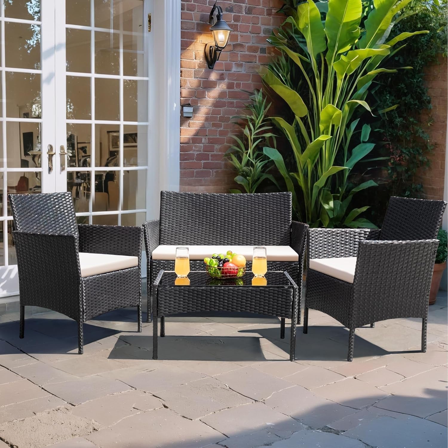 Patio Furniture Four Piece Conversation Set Black Beige-4