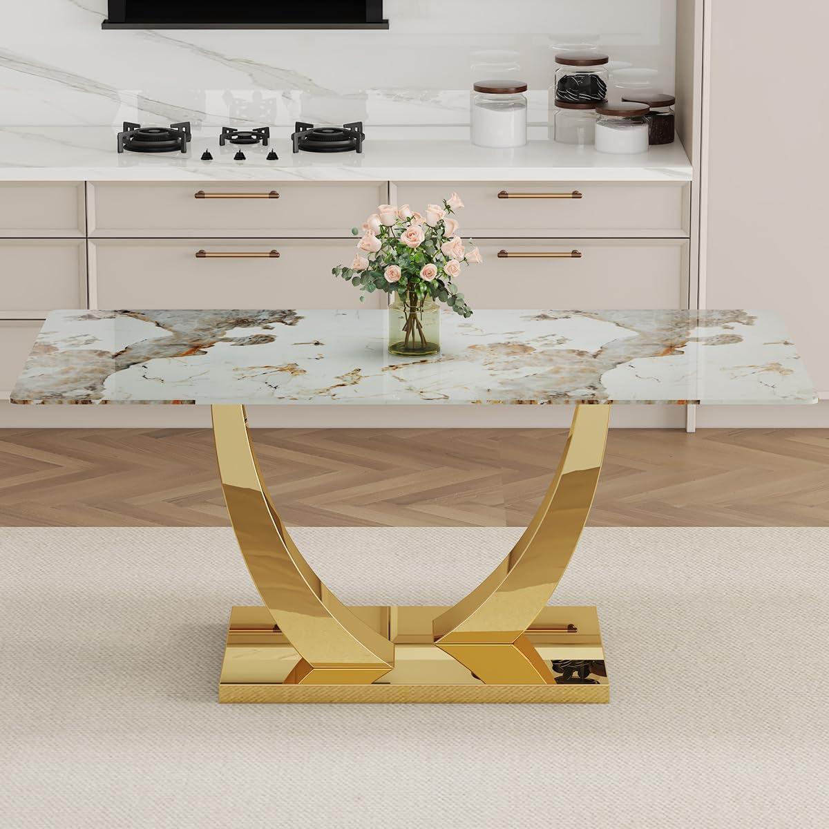 SeventyOneInch Faux Marble Dining Table Gold Finish-2