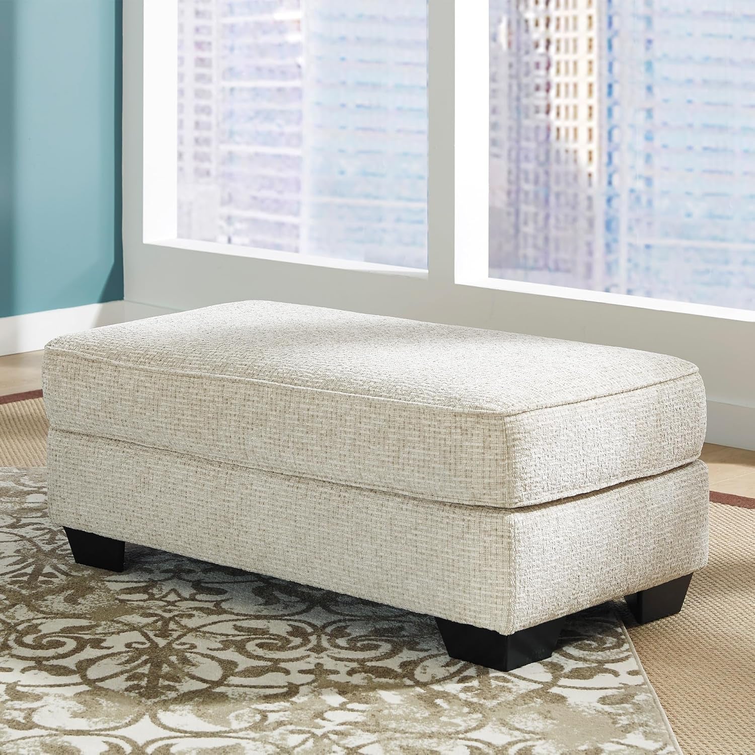 Beige Chenille Upholstered Ottoman With Cushioned Comfort-1