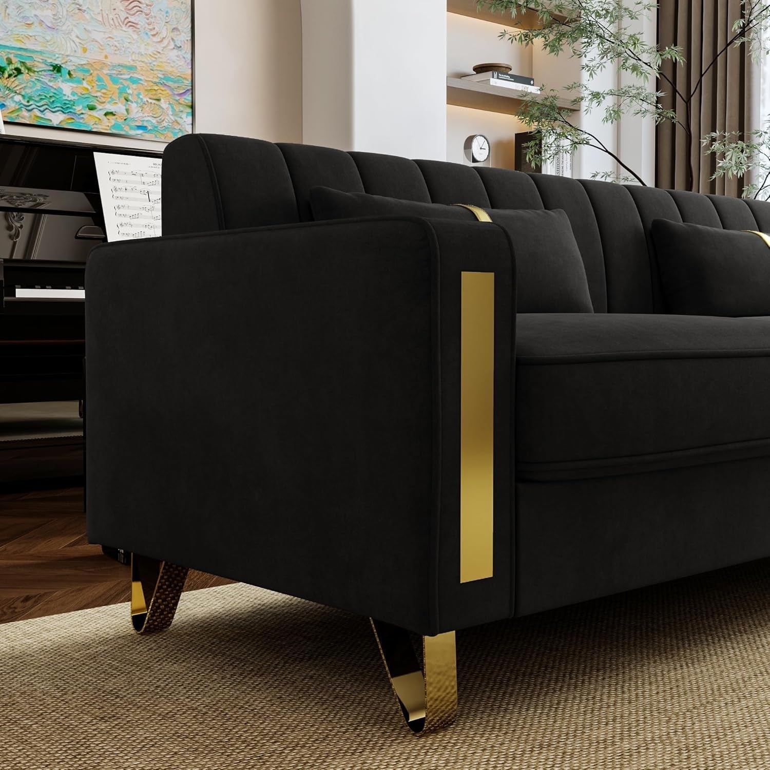 Loveseat Couch for Living Room, 86" Black Velvet Sofa Couch with 2 Pillows & Gold Metal Legs, Modern Upholstered Sofa Love Seat Sectional Couches for Apartment Home Office-4