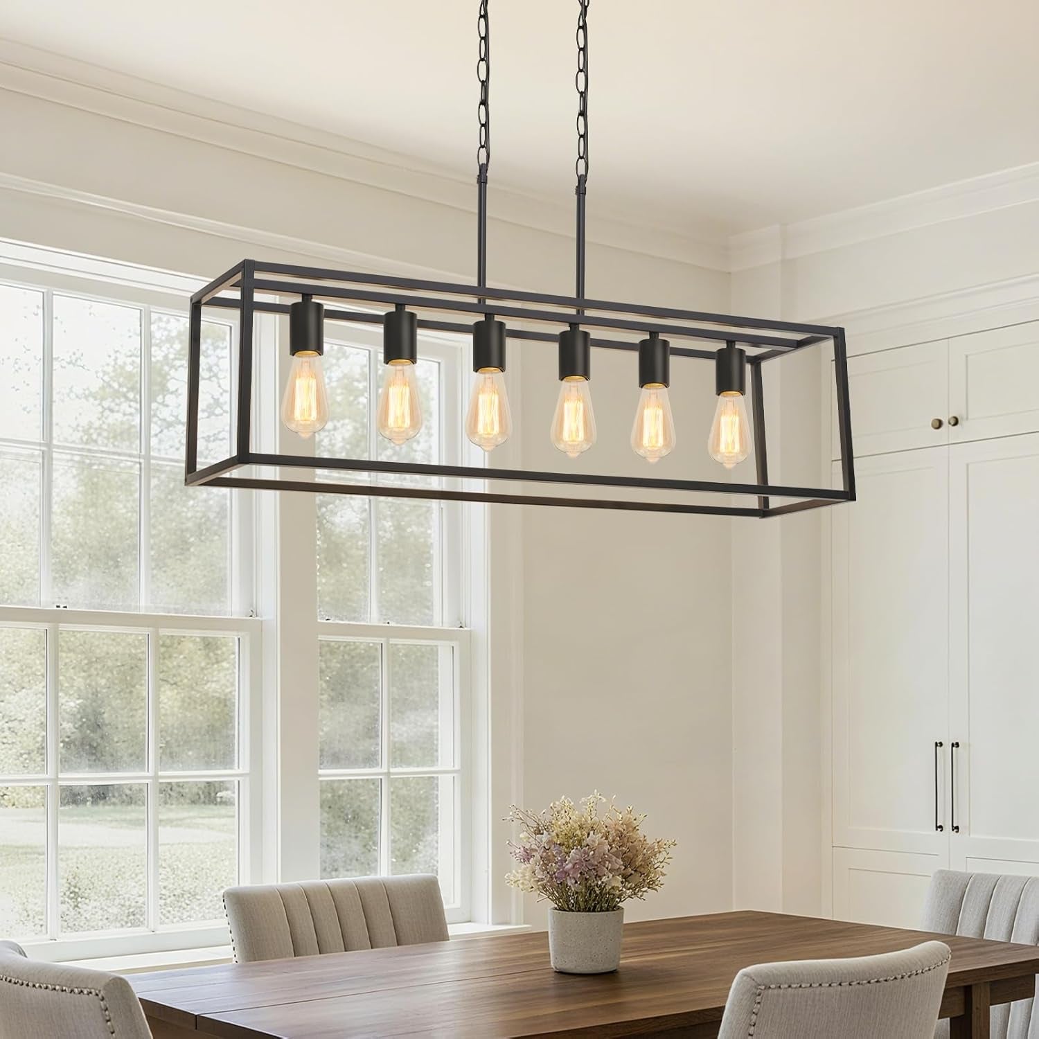 Six Light Black Linear Chandelier With Adjustable Height-0