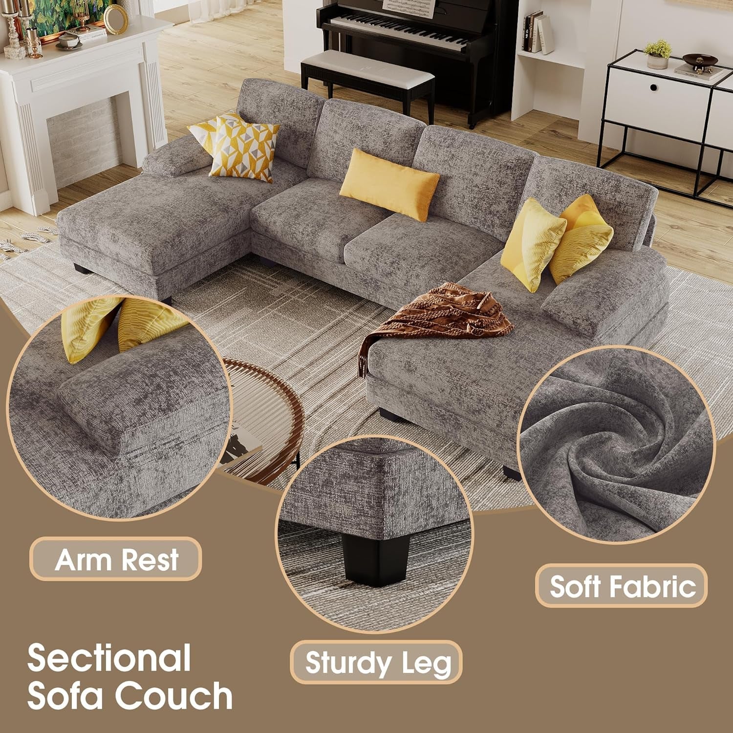 Sectional Couches for Living Room, U-Shaped Sofa Couch with Linen Fabric, 4 Seat Sofa Set with Double Chaise for Apartment (Fabric, Grey)-4