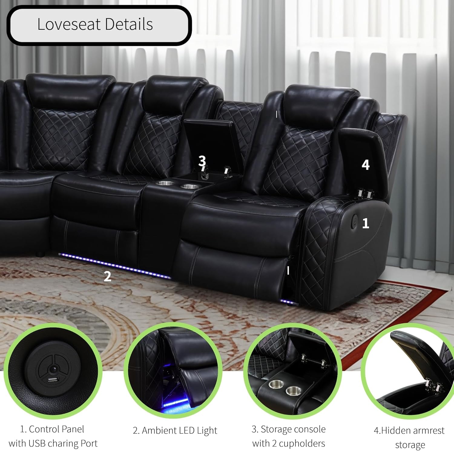 Power Recliner Sectional Sofa Black With LED Lights-3