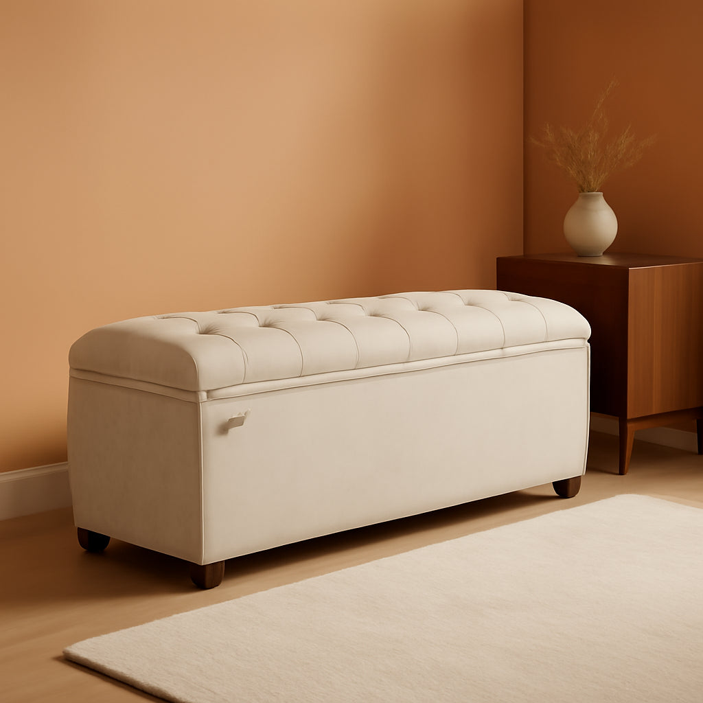 Cream Velvet Textured Storage Ottoman Bench 43Inch-0