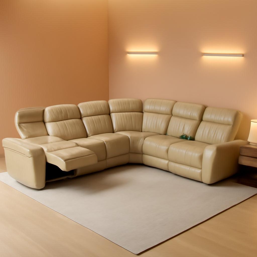Beige Genuine Leather Power Recliner Sectional LED-0