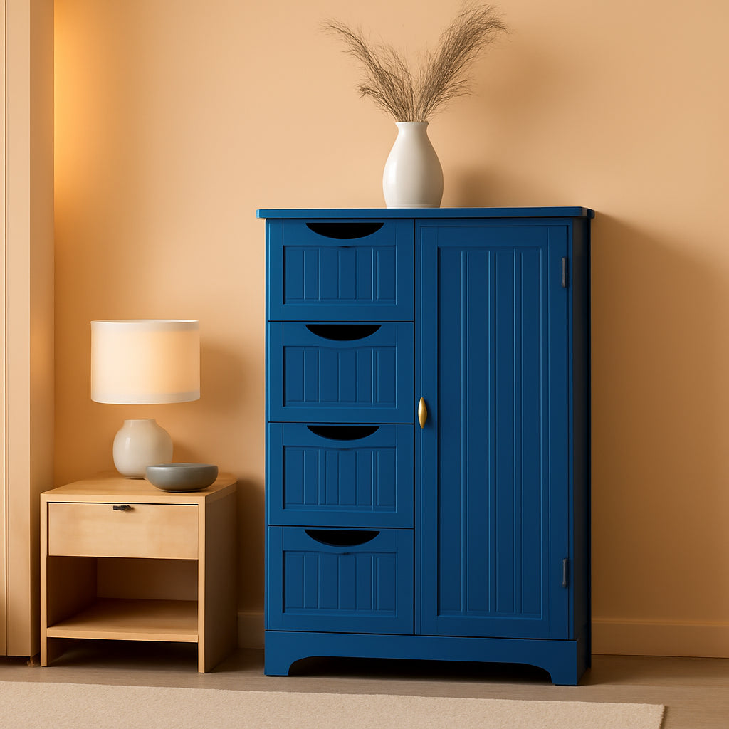 Navy Blue Wooden Bathroom Floor Cabinet With 4 Drawers And Cupboard-0