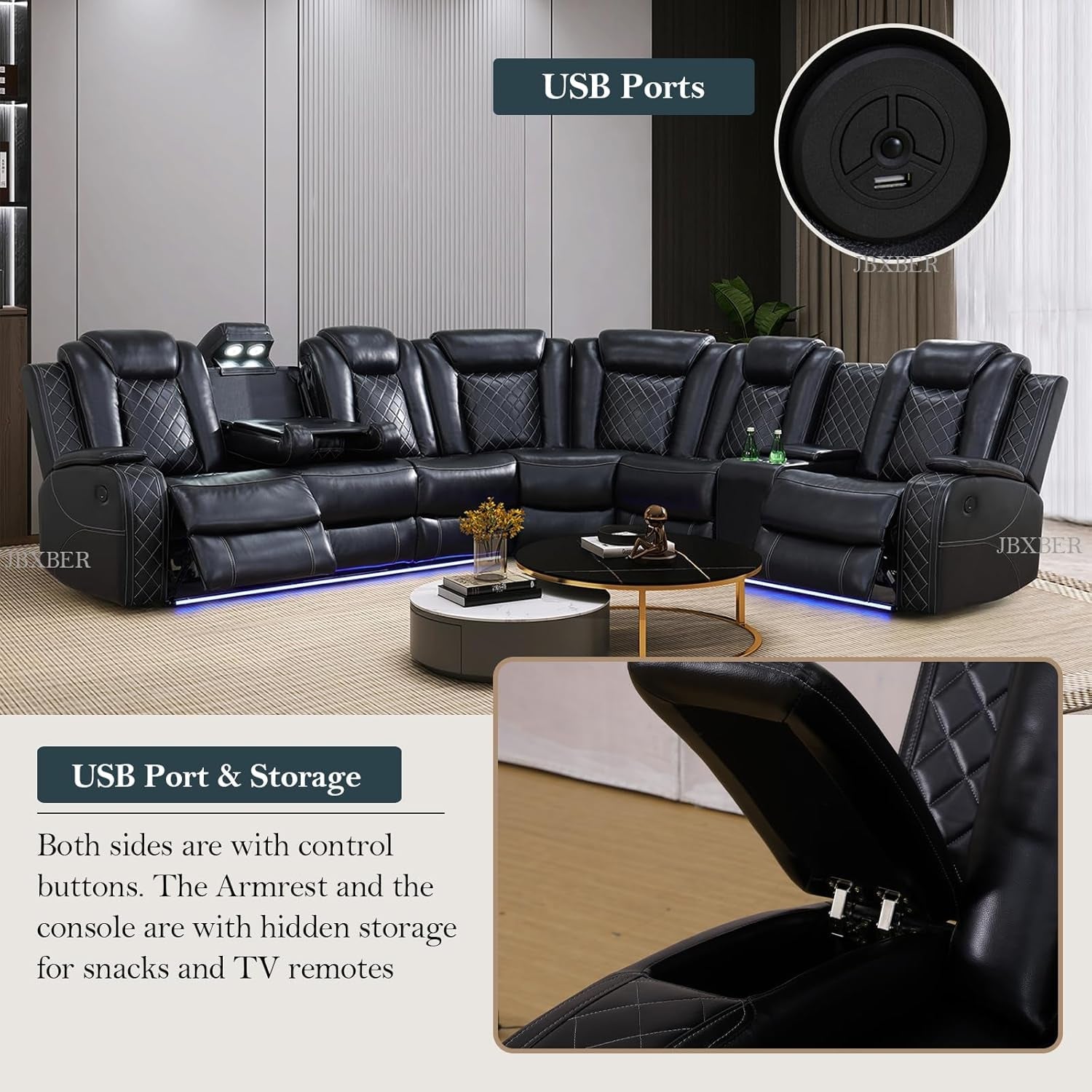 Power Recliner Sectional Sofa Set In Black With Led Lights-3