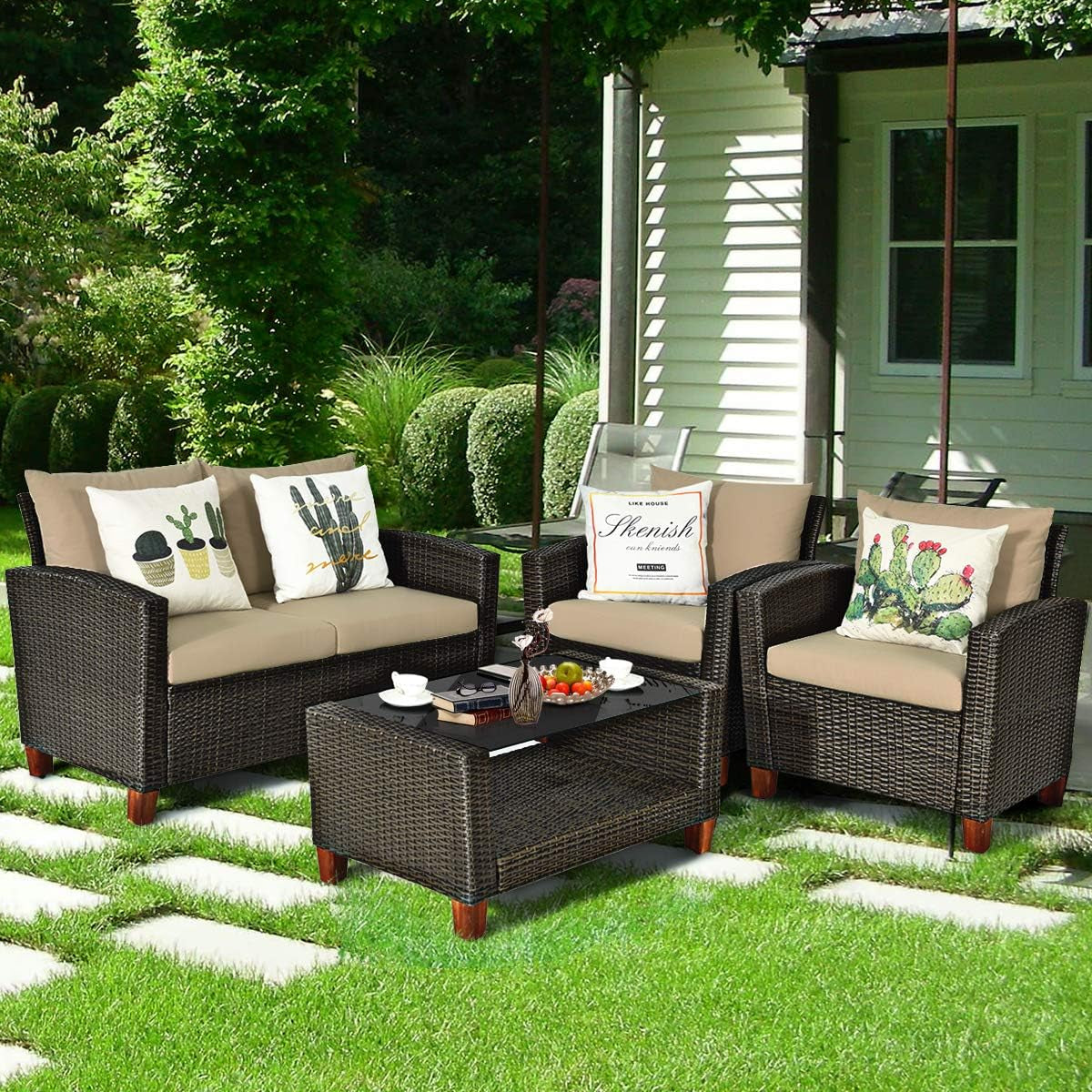 Patio Rattan Furniture Set 4 Piece Beige For Outdoor Use-1