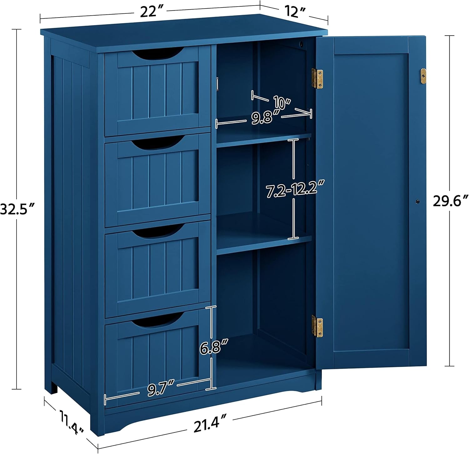 Navy Blue Wooden Bathroom Floor Cabinet With 4 Drawers And Cupboard-2