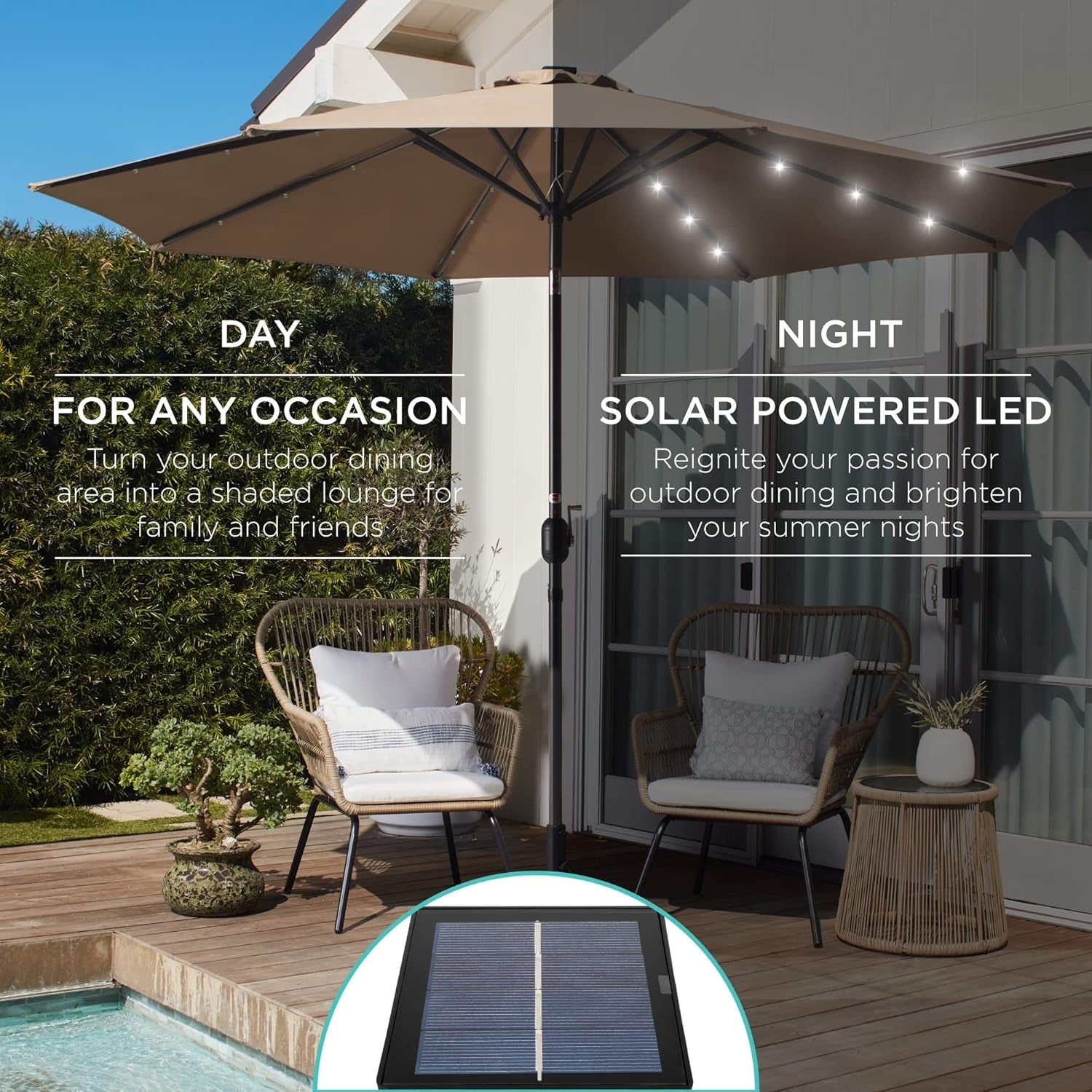 10 Ft Solar LED Patio Umbrella With Tilt Adjustment And UV Resistant Fabric All Weather Use-2