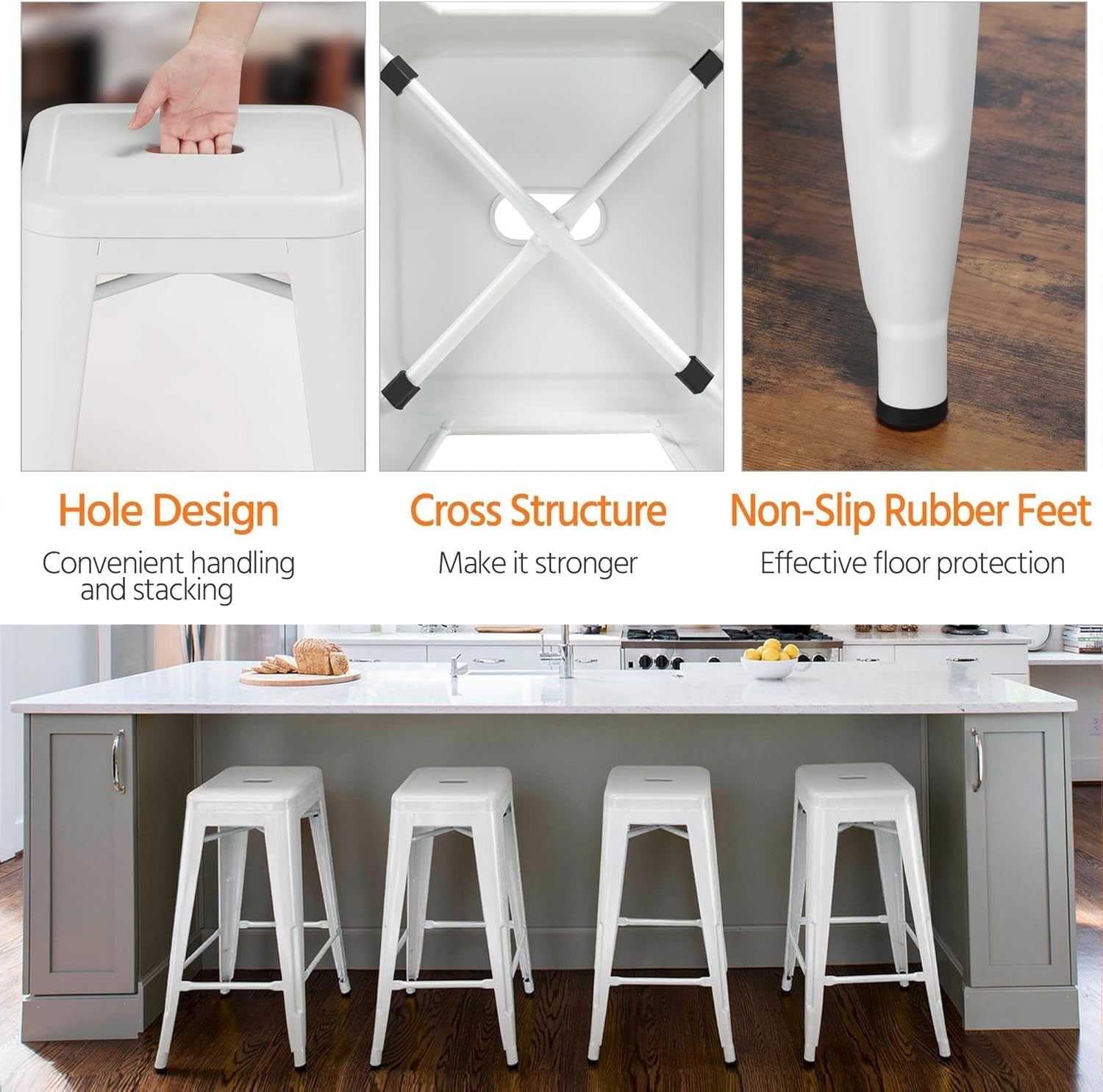 Metal Bar Stools 30Inch Barstools Counter Height Bar Stools Set of 4 Indoor & Outdoor Stackable Bartools Industrial Bar Stools for Bistro/Bar/Kitchen, White-4